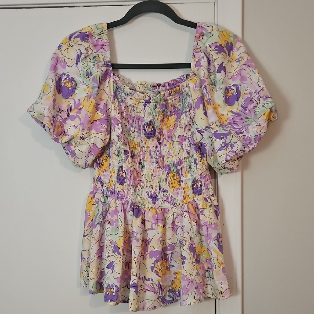Purple Smocked Puff Sleeve Blouse